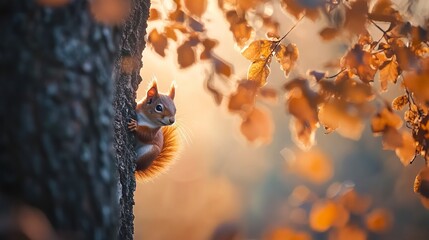 Obraz premium The Eurasian red squirrel (Sciurus vulgaris) looking from behind a tree. Beautiful autumn colors, delicate background. Shallow depth of field.