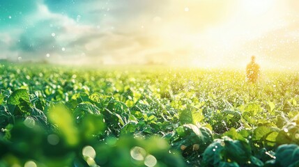 Obraz premium A farmer irrigating a large field of vegetables, with water sprinkling over the plants under the bright midday sun. 