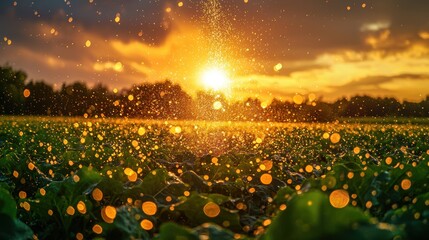 A farmer spraying water over a field of vibrant green crops during sunset, with the golden light reflecting on the droplets. 