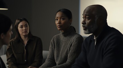 A group of people are sitting together, one of them is a woman with a ponytail
