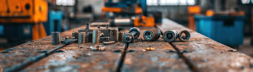 Industrial workshop tools and hardware factory product photography indoor close-up mechanical precision