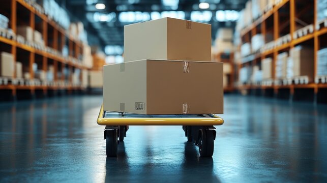 Boxes on a dolly ready for shipping in a bustling warehouse filled with shelves and inventory