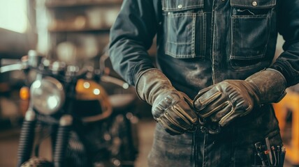 Mechanic preparing for motorcycle repair in workshop with tools and equipment industrial environment close-up view