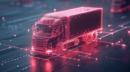 Digital representation of a futuristic truck design on a tech-inspired backdrop filled with vibrant neon lights