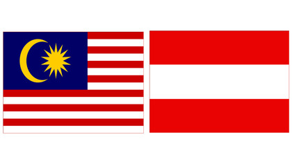 Malaysia national flag with Austria Official flag, both countries flags are in Horizontal shape and isolated on white background. Rectangular colorful design Flag with together.	