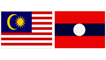 Malaysia national flag with Laos Official flag, both countries flags are in Horizontal shape and isolated on white background. Rectangular colorful design Flag with together.	