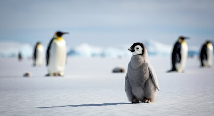 Obraz premium Penguin chick on snowy antarctic landscape with emperor penguins in background