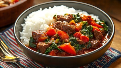 Bowl of savory beef stew with vegetables and white rice