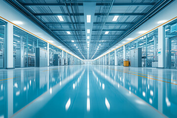 Modern industrial hallway showcasing advanced technology and clean design with bright lighting