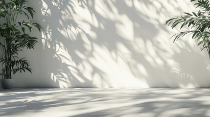 Minimalist interior design with light and shadows. Shadows form artistic patterns on the white wall. Sunlight highlights the plants. This serene space embodies simplicity. Ideal for modern homes.