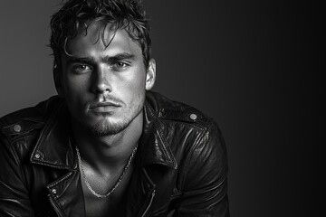 Fototapeta premium Intense portrait of a young man in leather jacket with moody lighting