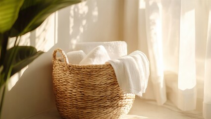 Fototapeta premium Aesthetic wicker basket with towels in serene sunlight
