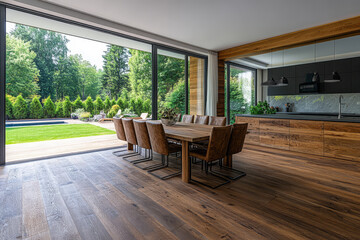 Elegant modern dining area with large windows overlooking lush outdoor scenery