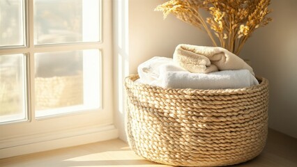 Fototapeta premium Woven basket with fresh towels by sunlit window
