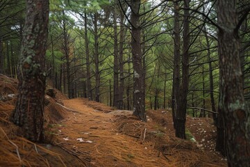 Fototapeta premium Forest Trail, Pine Needles, Woodland Path, Nature Walk, Trees, Hiking, Coniferous Forest, Scenery, Outdoor Recreation, Woods