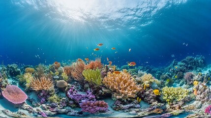 Obraz premium 360-Degree Panoramic View of a Vibrant Coral Reef with Fish and Sea Plants AI generated illustration