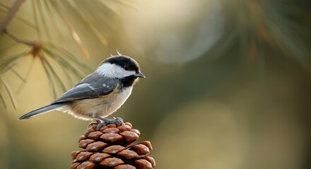 Black capped chickadee perched on pinecone in serene forest setting