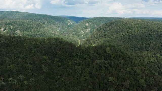 The Southern Urals, the Zilim River In the mountain gorge. Aerial view.