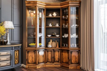 Elegant wooden corner cabinet displaying fine china and glassware in a modern dining area