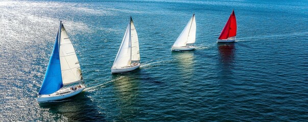 A stunning aerial view of sailing boats racing on beautiful blue waters under a clear sky, capturing the essence of adventure.