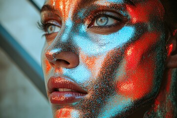 Futuristic metallic face with vibrant makeup and reflective paint