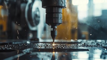 Close-up of a precision industrial cutting machine in action, showcasing sparks and metal shavings during manufacturing process.