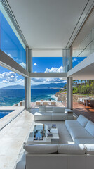 Fototapeta premium Modern beachside living room with stunning ocean view and natural light
