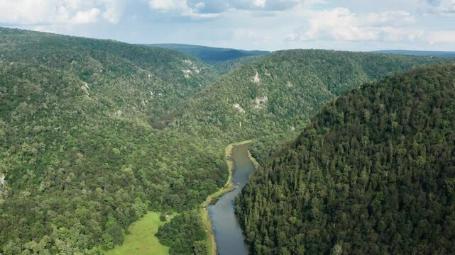 The Southern Urals, the Zilim River In the mountain gorge. Aerial view.