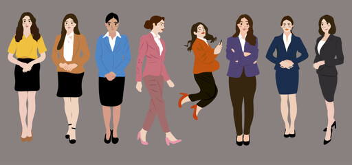 business woman character in different poses vector illustration clip art set