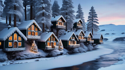 Naklejka premium The winter christmas village scene