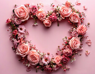 heart frame with flowers on a pink background. space for text.