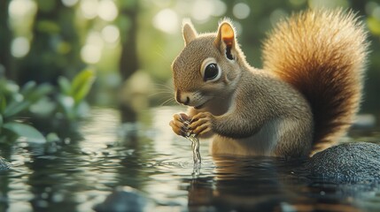 Squirrels drink natural water in the forest. Squirrel in the wild.