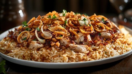 Middle Eastern Chicken and Rice with Fried Onions