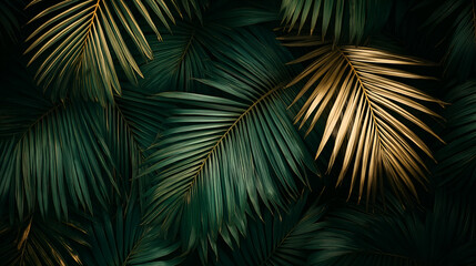 Bold palm frond pattern in dark green and gold accents, high contrast design for a luxurious wallpaper, high definition background, mock up wallpaper