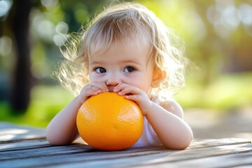 Toddler enjoys fresh orange at wooden picnic table in bright outdoor park capturing joyful childhood moments with vibrant colorful surroundings