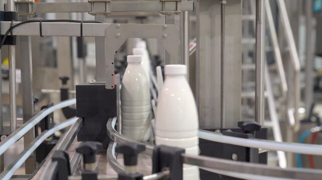 Milk Bottling Line at Modern Dairy Factory 