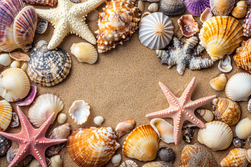 Seashells and starfish arranged on sandy beach background in natural setting