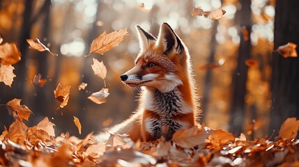 Cute Red Fox, Vulpes vulpes in fall forest. Beautiful animal in habitat. Wildlife scene from the wild nature. Cute animal in habitat. Autumn nature. Orange autumn leaves.