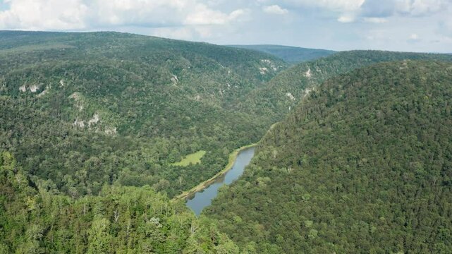 The Southern Urals, the Zilim River In the mountain gorge. Aerial view.