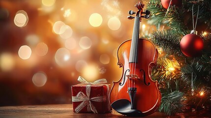 A beautiful violin next to a gift box under a Christmas tree, surrounded by festive lights and a warm, joyful atmosphere.