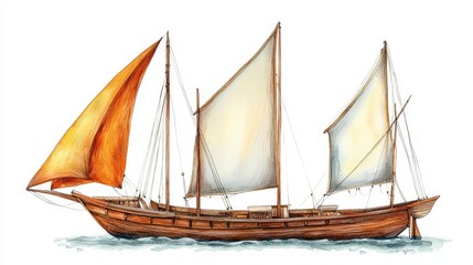 Obraz premium A beautifully illustrated traditional sailboat with white and orange sails, reflecting the serene waters and nautical heritage.