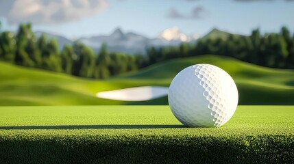 Fototapeta premium A close-up of a golf ball resting on the lush green grass of a golf course, with a serene landscape in the background.