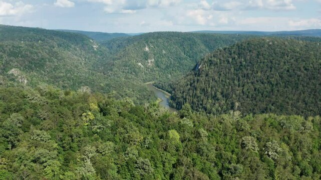The Southern Urals, the Zilim River In the mountain gorge. Aerial view.