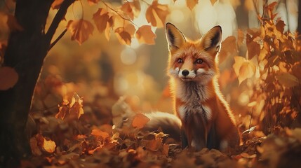 Cute Red Fox, Vulpes vulpes in fall forest. Beautiful animal in habitat. Wildlife scene from the wild nature. Cute animal in habitat. Autumn nature. Orange autumn leaves.