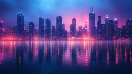 Fototapeta premium Vibrant cityscape skyline reflected in calm water at twilight.
