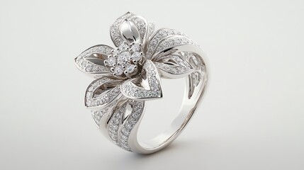 Fototapeta premium Elegant silver flower ring with sparkling diamonds.