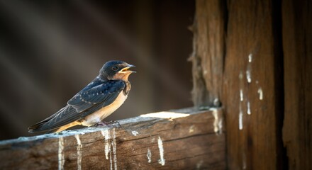 Young swallow bird perched on rustic wooden beam in natural sunlight