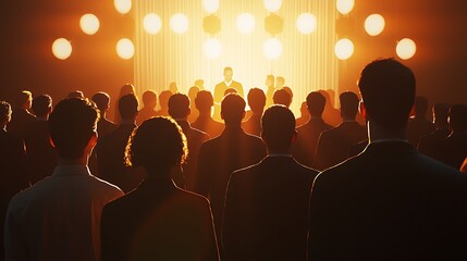 A large crowd of people are gathered in a theater