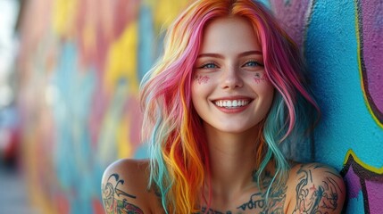 Obraz premium A young woman with colorful hair and tattooed arms is smiling at the camera, standing in front of a graffiti-covered wall filled with bright street art and artistic tags.