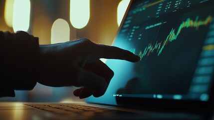 A person is pointing at a computer screen with a graph on it